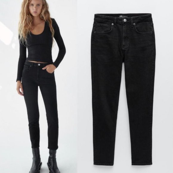 Zara Black Jeans NEW Slim Cut Hi-Rise Ankle Length Size 14 - Picture 1 of 12